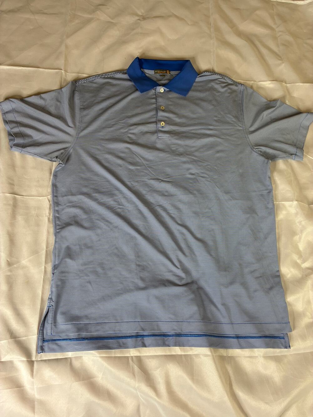 Peter Millar Summer Comfort Polo Mens L Blue White Stripe Contrast Collar Golf